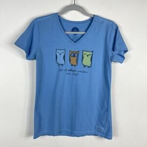 Life Is Good Size XS Owls Classic Fit Graphic Crusher Tee Top Blue 100% Cotton